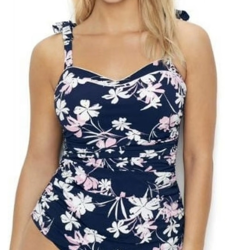 Profile By Gottex Sundance Navy Pink Floral Tie Straps Underwire Tankini 32D
